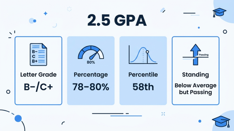 Blue and white infographic showing a 2.5 GPA breakdown: letter grade B−/C+, percentage 78–80%, percentile 58th, and academic standing label.