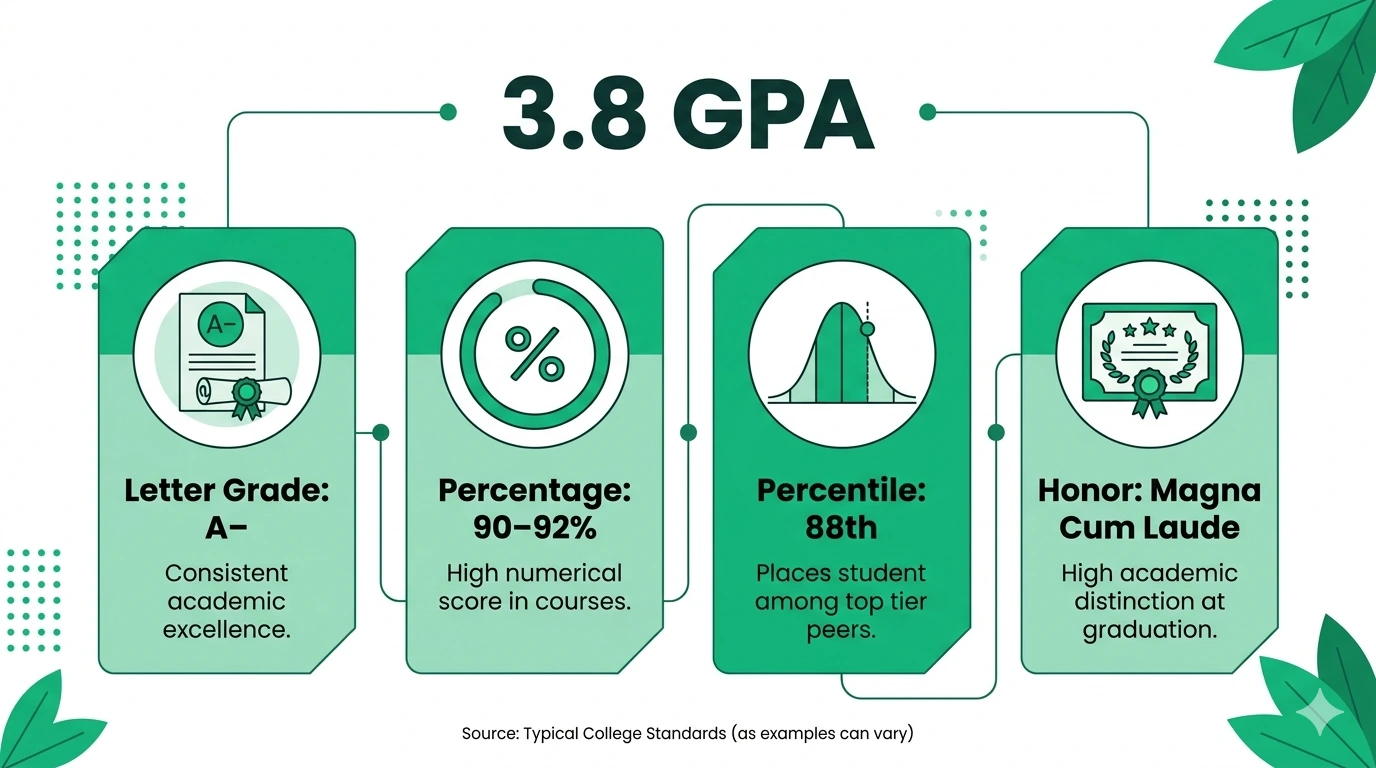 Green and white infographic showing a 3.8 GPA breakdown: letter grade A−, percentage 90–92%, percentile 88th, and Magna Cum Laude honors label.