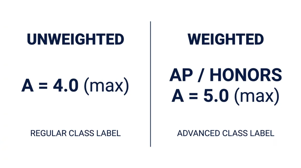 Weighted vs unweighted 3.5 GPA comparison on 4.0 and 5.0 scales