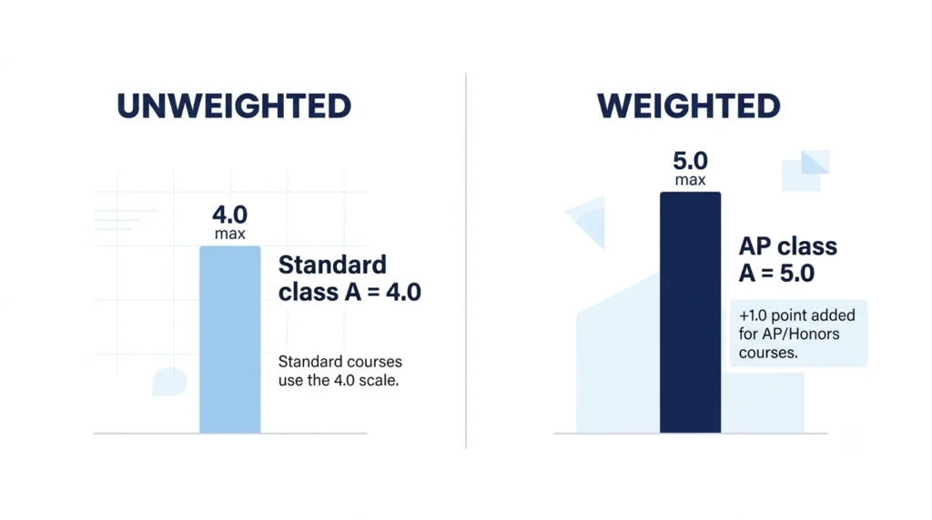 Weighted vs unweighted GPA showing why weighted scales go above 4.0 to 5.0