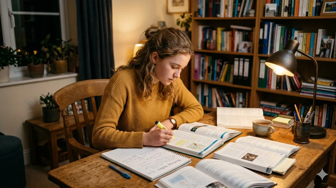 High school student studying at a desk with textbooks and notes to improve grades for honor roll