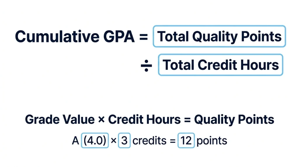 Cumulative GPA formula equals total quality points divided by total credit hours