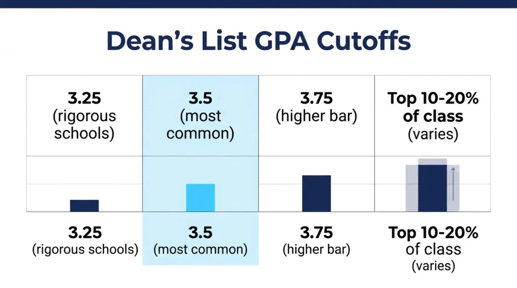 Dean's List GPA cutoffs showing 3.5 as most common with a range from 3.25 to 3.75