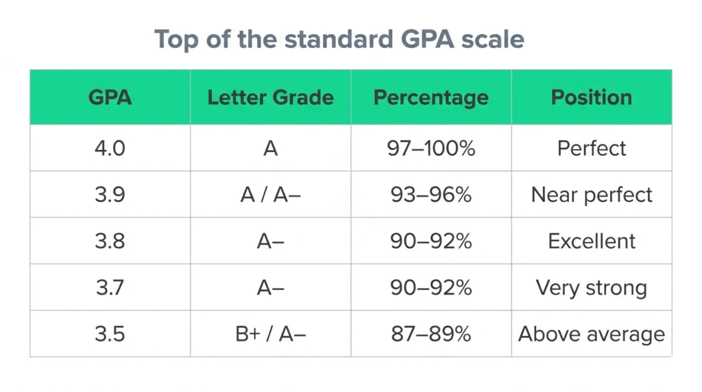 Table comparing GPAs 4.0, 3.9, 3.8, 3.7, 3.5 with their letter grades (A to B+), percentage ranges (97–100% down to 87–89%), and where each stands on the scale.