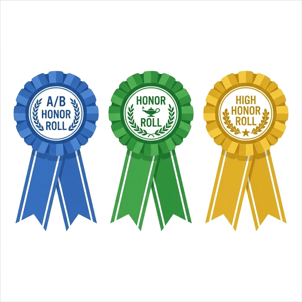 Three school award ribbons representing A/B honor roll, honor roll, and high honor roll tiers