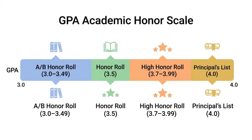 Infographic showing GPA thresholds for honor roll tiers from 3.0 to 4.0