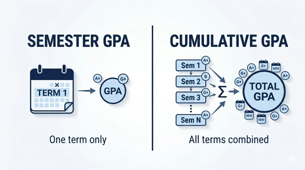 Semester GPA vs cumulative GPA comparison showing one term versus all terms combined