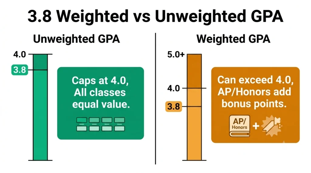 Side-by-side comparison diagram: unweighted 3.8 GPA (caps at 4.0, all classes equal) vs weighted 3.8 GPA (can exceed 4.0, AP/Honors bonus points added). Shows difference in scale and meaning.