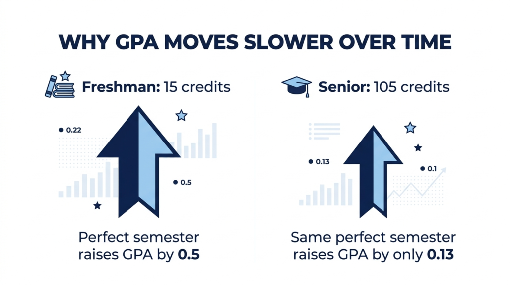 Chart showing a perfect semester raises a freshman GPA more than a senior GPA due to credit totals