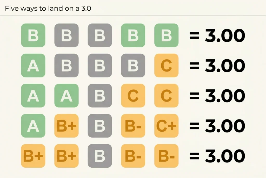 Five different grade combinations across five courses that each average out to a 3.0 GPA