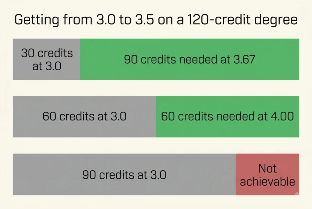 Chart showing the GPA needed in remaining credits to raise a 3.0 cumulative GPA to a 3.5