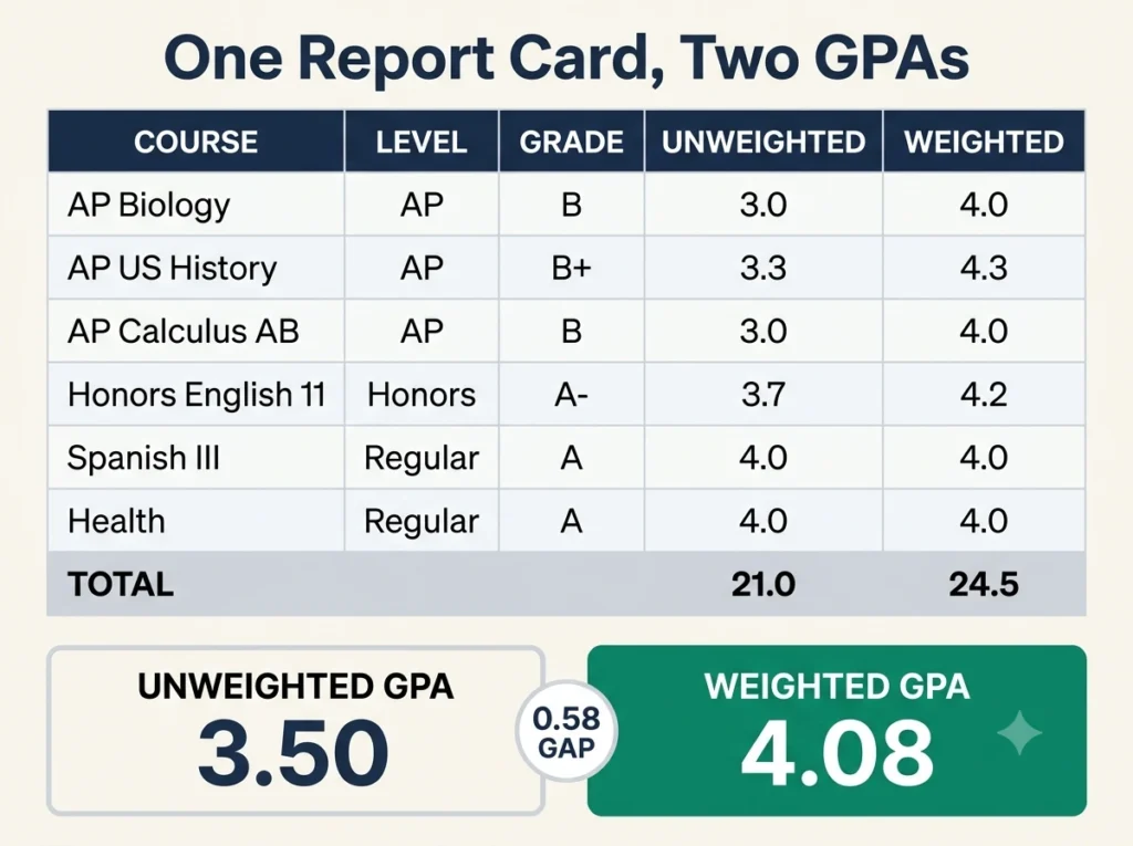 Six course report card calculated two ways, producing a 3.50 unweighted GPA and a 4.08 weighted GPA