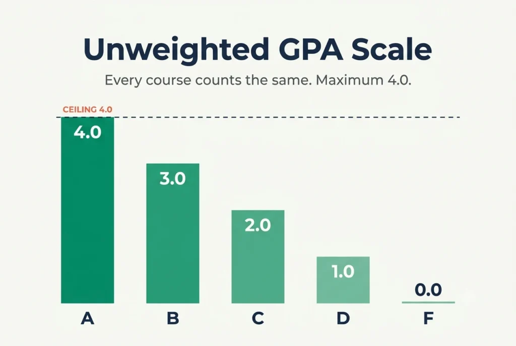 Unweighted GPA chart showing A equals 4.0, B equals 3.0, C equals 2.0, D equals 1.0 and F equals 0.0