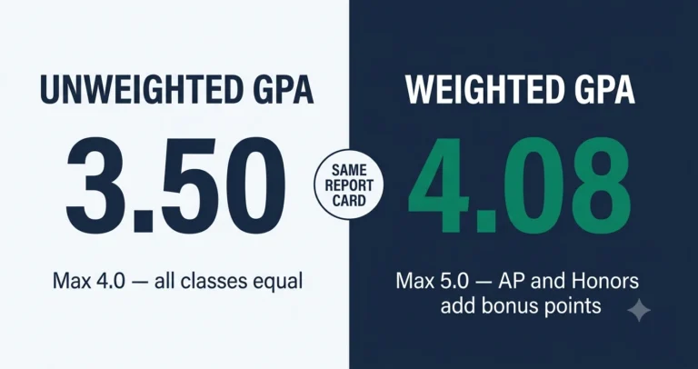 Weighted vs unweighted GPA comparison showing 4.08 weighted and 3.50 unweighted from the same report card