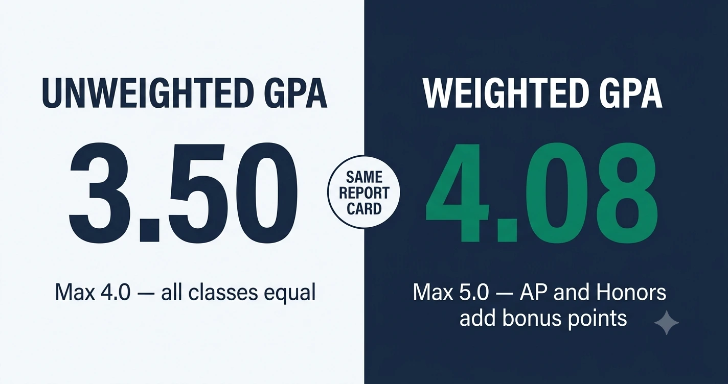 Weighted vs unweighted GPA comparison showing 4.08 weighted and 3.50 unweighted from the same report card